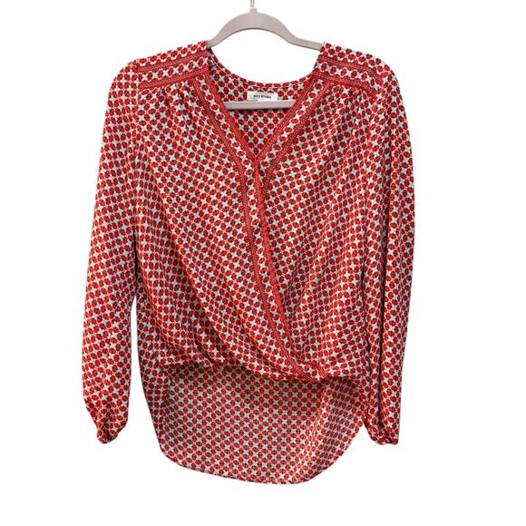 Max Studio Blouse Womens XS Red Geometric Surplice High Low Hem Long Sleeve Top - Picture 1 of 6